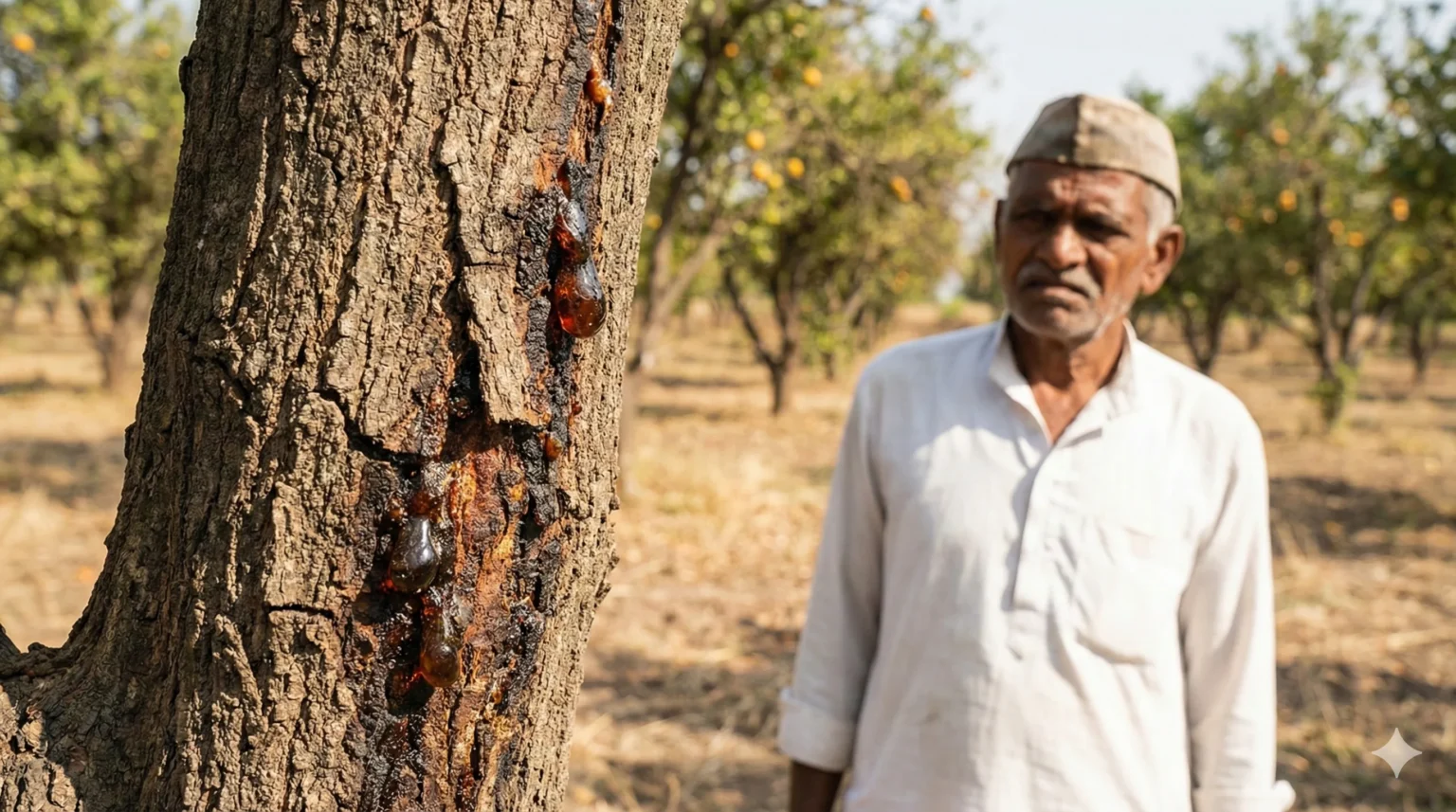 संत्रा झाडाच्या खोडावर आलेला डिंक्या रोग आणि चिंतेत असलेला शेतकरी (Gummosis on Orange Tree)