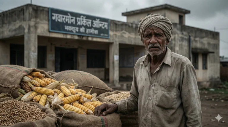 शासकीय केंद्रावर मका आणि ज्वारी विक्री केल्यानंतर पैशांच्या प्रतीक्षेत असलेला हवालदिल शेतकरी (Worried farmer waiting for payment after selling Maize and Jowar at Govt center).