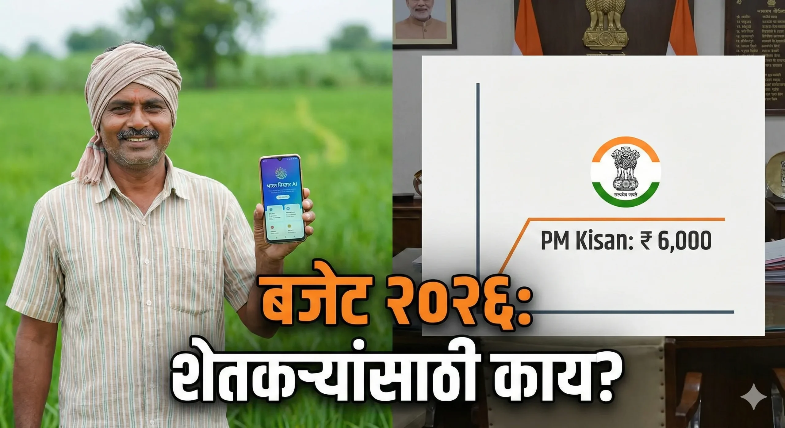 Indian farmer holding smartphone in green field representing Agri Union Budget 2026-27 highlights and Bharat VISTAR technology launch.