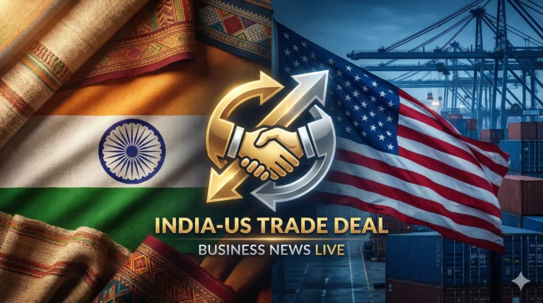 A split-screen YouTube thumbnail for business news featuring the Indian flag with textile textures on the left and the US flag with shipping containers on the right, joined by a central handshake icon.