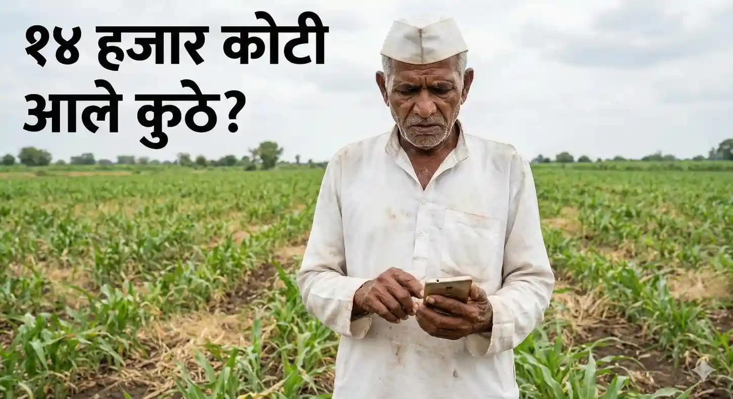 शेतात उभा राहून मोबाईलवर पीक विम्याचा स्टेटस पाहणारा हताश भारतीय शेतकरी.