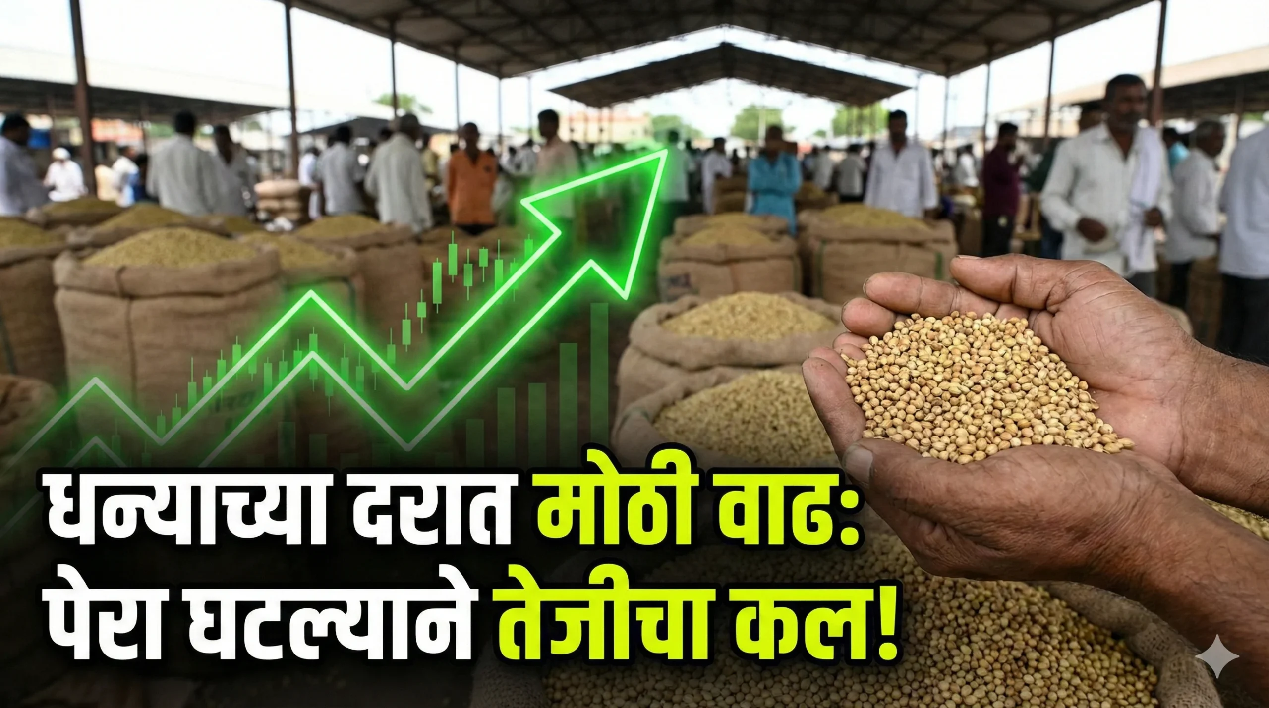 बाजारात विक्रीसाठी ठेवलेली धन्याची (Coriander Seeds) पोती आणि हातात धने घेतलेला शेतकरी.