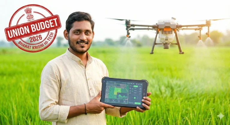 आधुनिक तंत्रज्ञान वापरणारा भारतीय शेतकरी आणि शेतात उडणारा ड्रोन (Indian farmer using technology with drone in background)