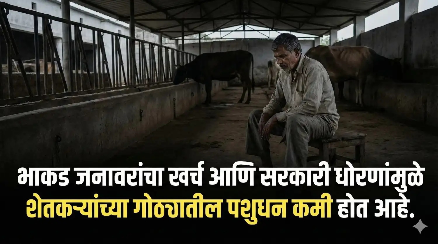 रिकामा गोठा आणि चिंतातूर बसलेला भारतीय शेतकरी.