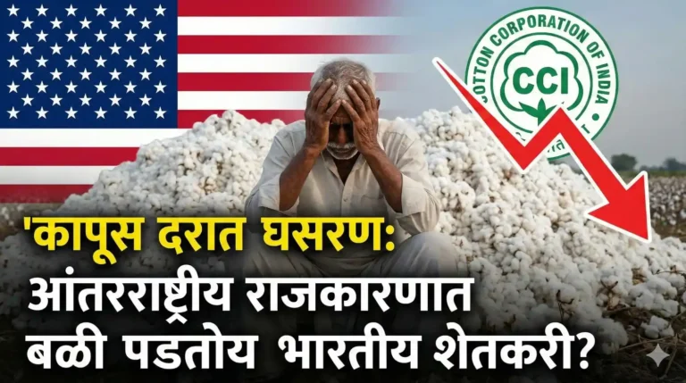 कापसाच्या शेतात डोक्याला हात लावून बसलेला भारतीय शेतकरी आणि पांढऱ्या शुभ्र कापसाचे ढीग.