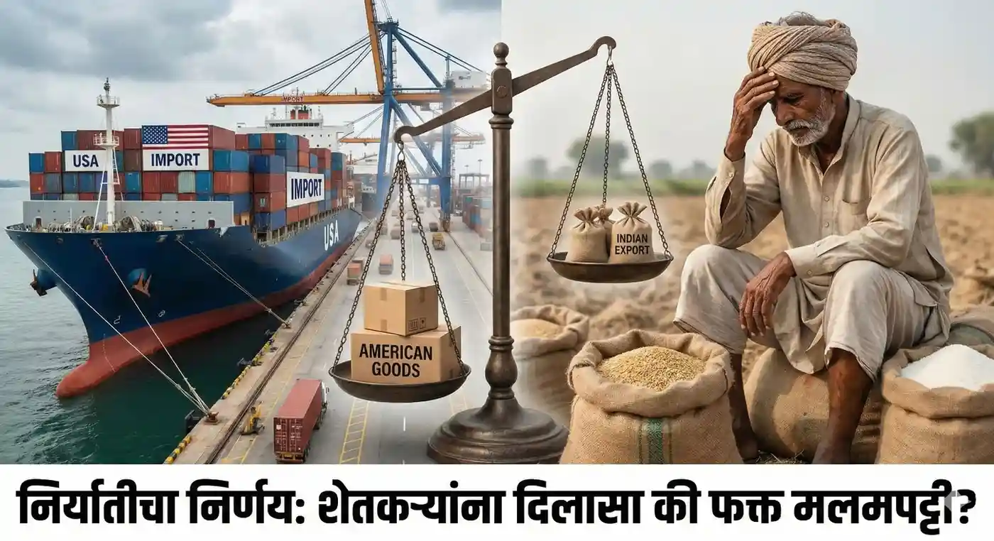 गव्हाच्या पोत्यांवर बसलेला हताश भारतीय शेतकरी आणि पार्श्वभूमीला अमेरिकन मालाची जहाजे.