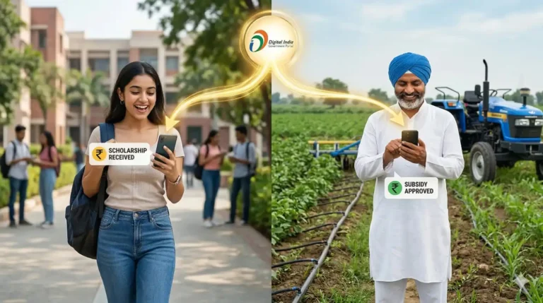 A split-screen illustration showing a happy Indian student (left) and a farmer (right) receiving direct government benefits via a Digital India portal on their phones, with notifications for 'Scholarship Received' and 'Subsidy Approved' and rupee symbols. Light beams connect them to the central portal.