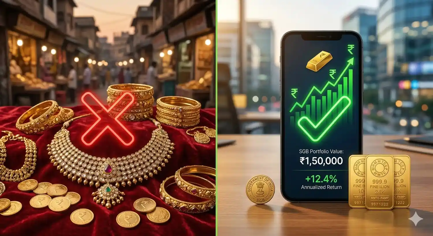 सोन्याचे दागिने आणि स्मार्टफोनवर वाढता आलेख - भौतिक विरुद्ध डिजिटल सोने