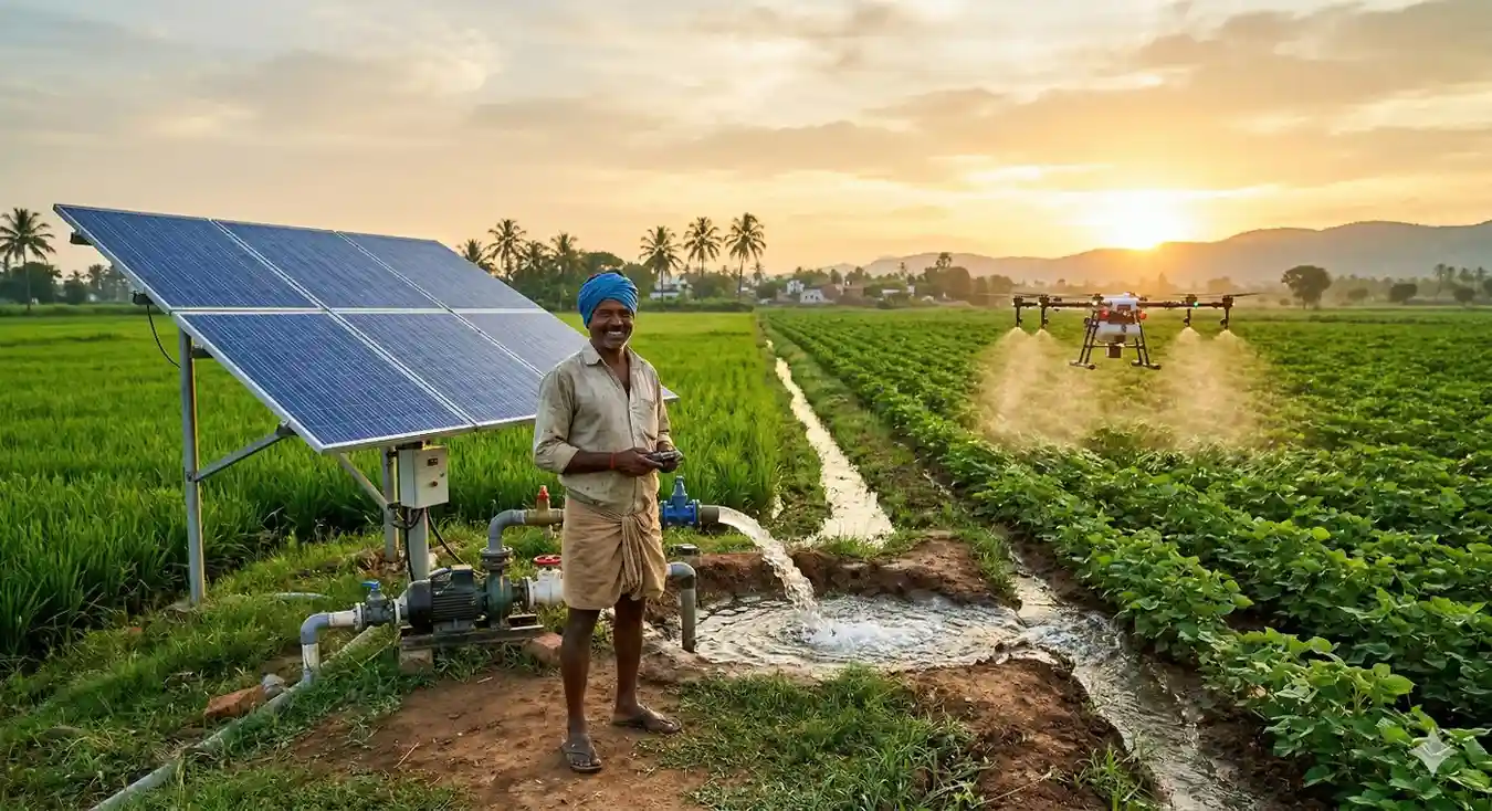 शेतात सौर पंप आणि ड्रोन फवारणीचा वापर करणारा आनंदी भारतीय शेतकरी.