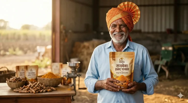 स्वतःच्या हळद पावडरचे ब्रँडेड पॅकेट (रानमेवा) हातात घेऊन उभा असलेला एक हसरा आणि स्वाभिमानी भारतीय शेतकरी.