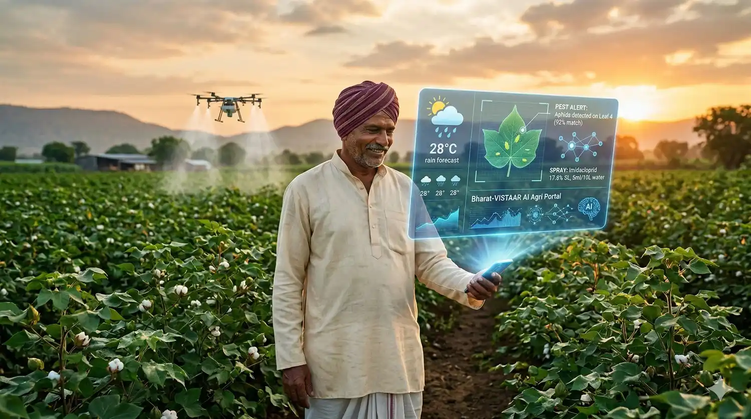 कपाशीच्या शेतात मोबाईलवर 'भारत-विस्तार' AI पोर्टल वापरणारा भारतीय शेतकरी.