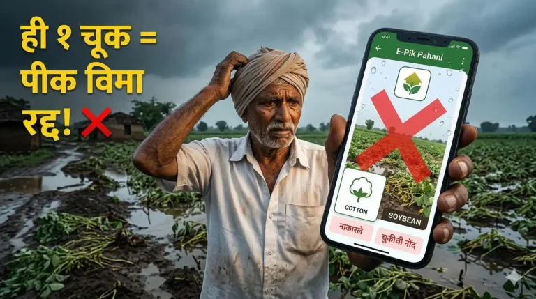 एका हातात मोबाईल धरलेला शेतकरी आणि मोबाईलच्या स्क्रीनवर लाल रंगात 'X' (चूक) दाखवणारे चिन्ह. बाजूला '१ रुपया पीक विमा' असा ठळक मजकूर.