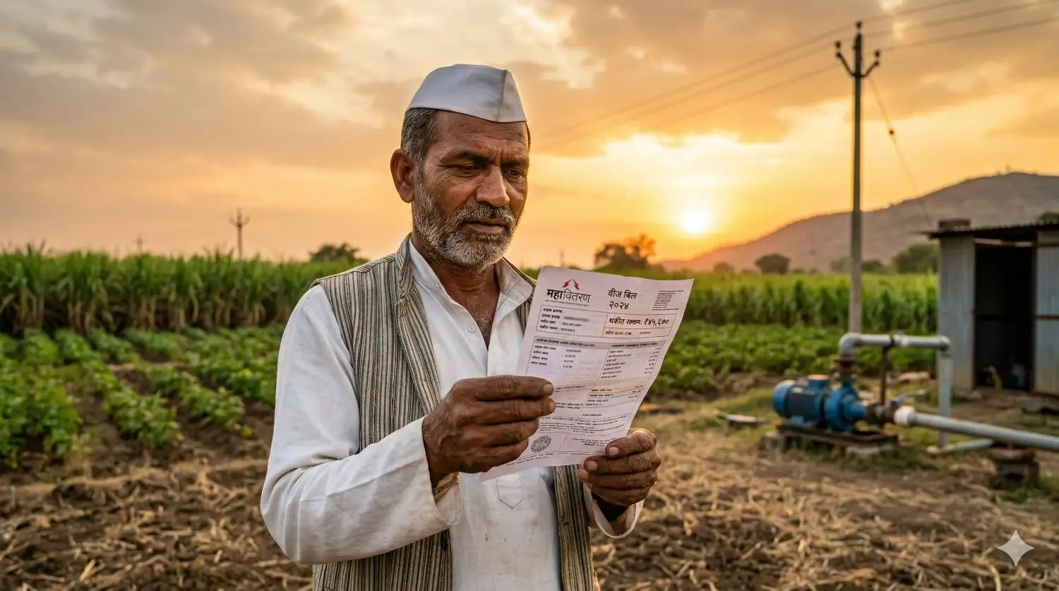 हातात वीजबिल घेऊन चिंतेत उभा असलेला महाराष्ट्रीयन शेतकरी. (Maharashtrian farmer holding electricity bill in farm)