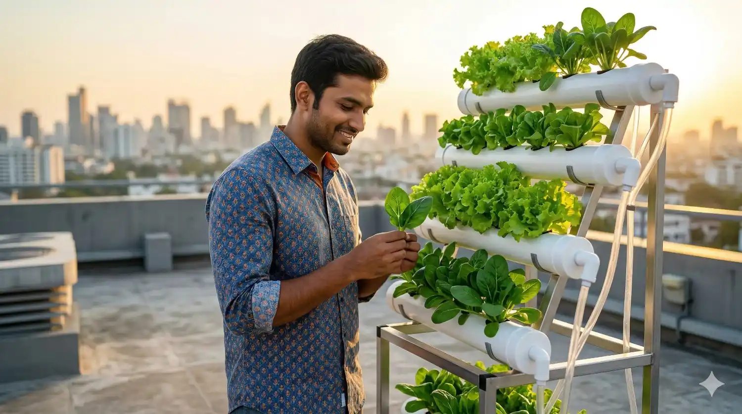 गच्चीवर हायड्रोपोनिक्स शेती करणारा तरुण. (Young Indian man doing vertical hydroponics farming on a rooftop)
