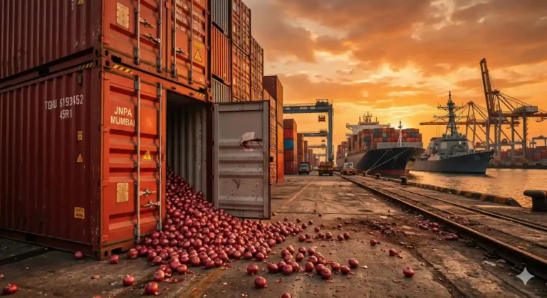 JNPA मुंबई बंदरात कंटेनरमधून सांडलेला कांदा आणि पार्श्वभूमीत युद्धनौका.