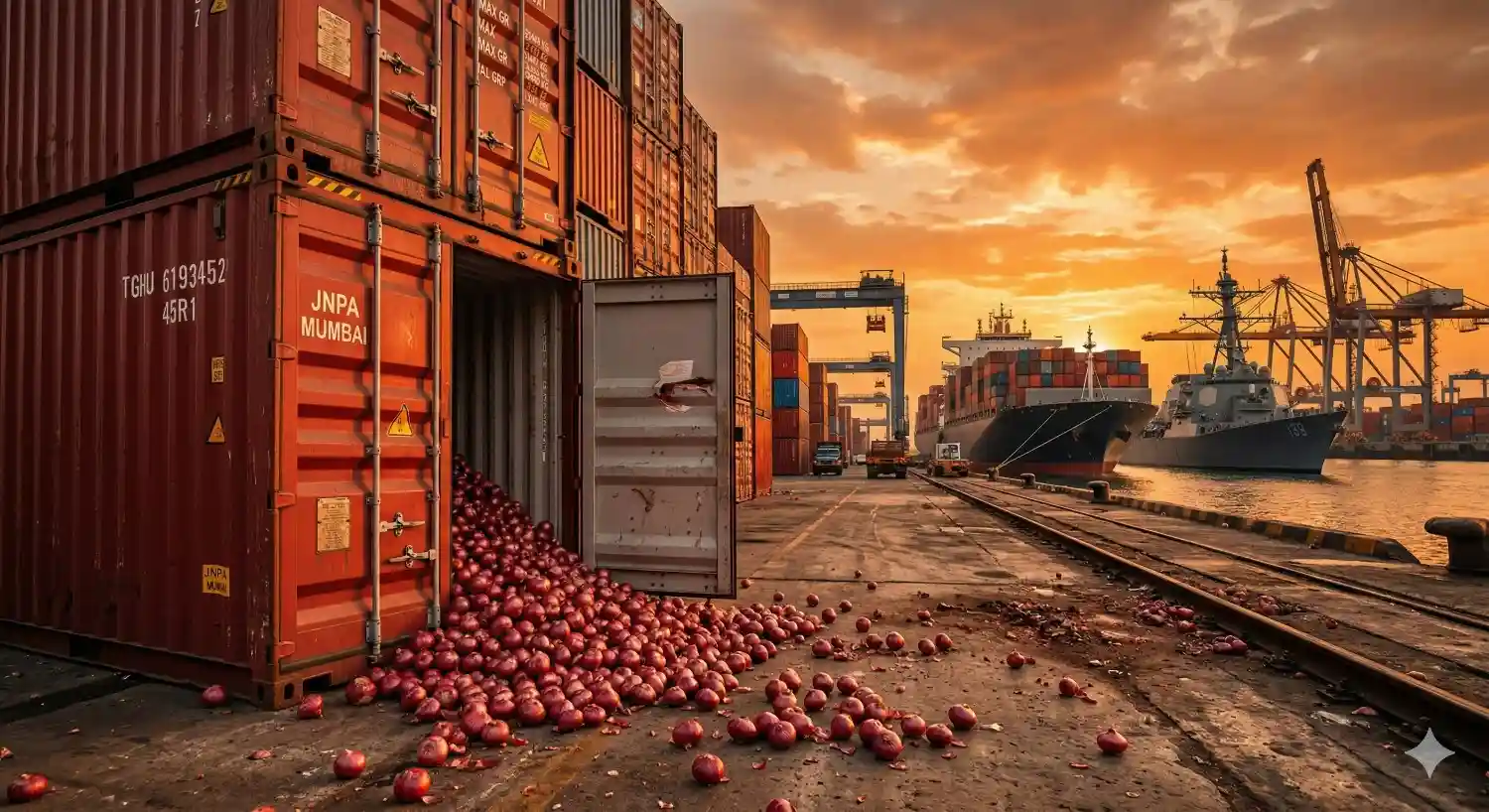 JNPA मुंबई बंदरात कंटेनरमधून सांडलेला कांदा आणि पार्श्वभूमीत युद्धनौका.