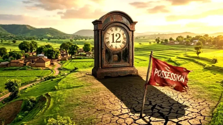 जमिनीवर १२ वर्षांचा ताबा आणि मालकी हक्क कायदा समजून सांगणारे चित्र.