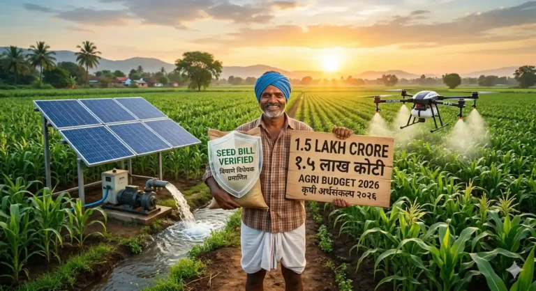 कृषी बजेट २०२६ आणि नवीन बियाणे विधेयकाचे स्वागत करणारा आनंदी भारतीय शेतकरी.