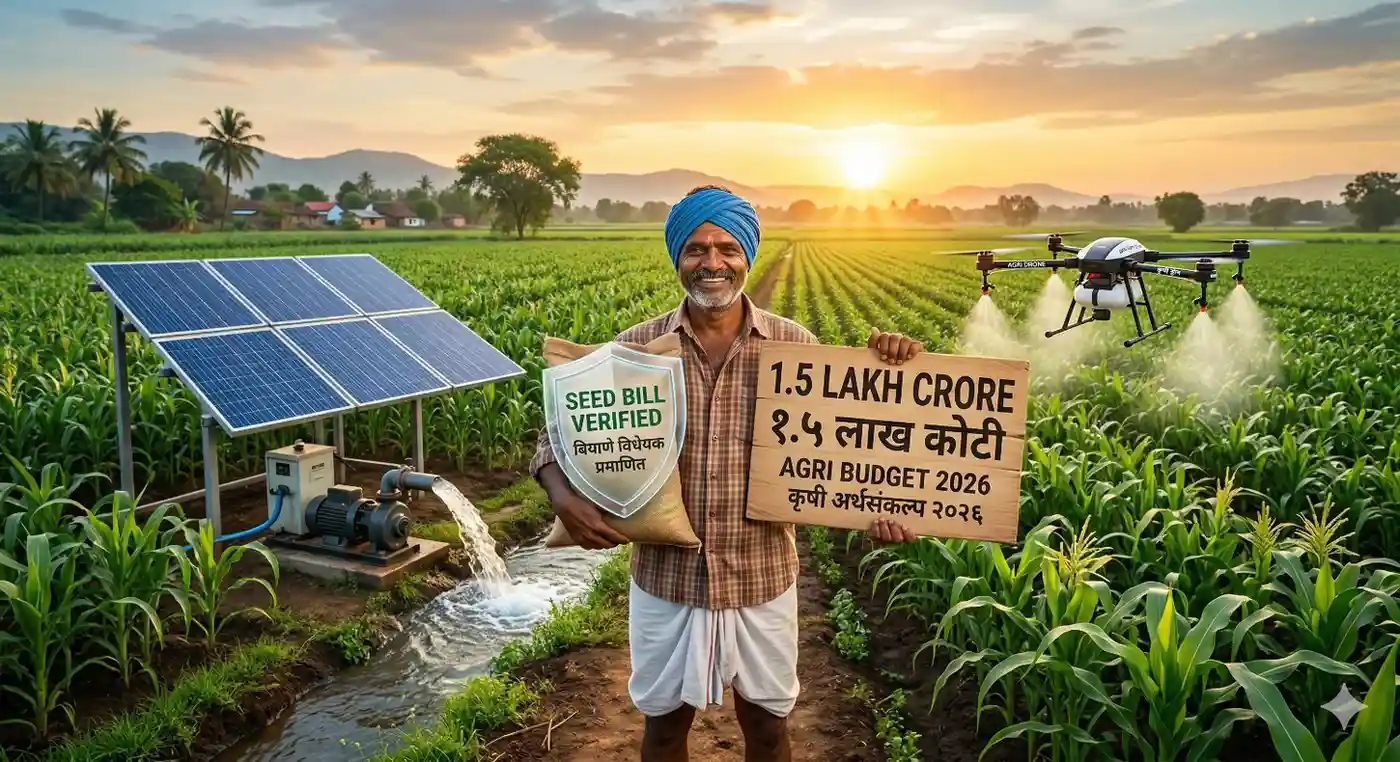 कृषी बजेट २०२६ आणि नवीन बियाणे विधेयकाचे स्वागत करणारा आनंदी भारतीय शेतकरी.