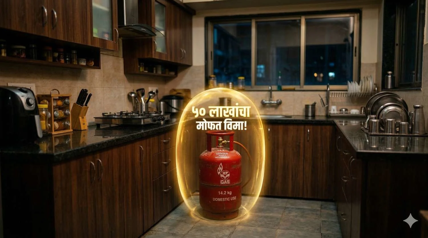 गॅस सिलेंडर आणि ५० लाखांच्या मोफत विम्याची माहिती देणारे चित्र.
