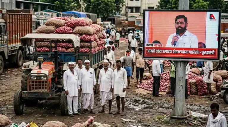 नाशिकमधील कांदा बाजारपेठेत ट्रॅक्टरजवळ उभे असलेले चिंतेत शेतकरी आणि डिजिटल स्क्रीनवर मुख्यमंत्र्यांचे आश्वासन.
