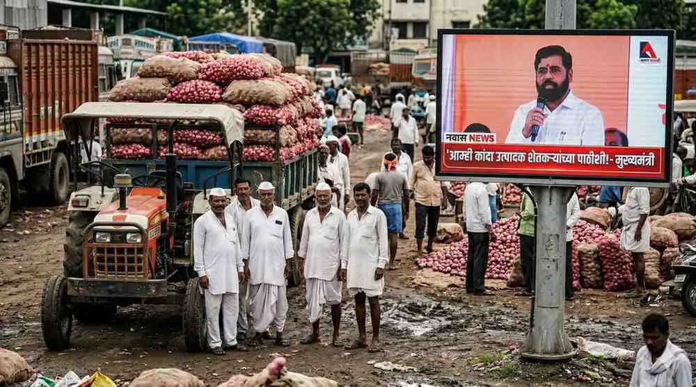 नाशिकमधील कांदा बाजारपेठेत ट्रॅक्टरजवळ उभे असलेले चिंतेत शेतकरी आणि डिजिटल स्क्रीनवर मुख्यमंत्र्यांचे आश्वासन.