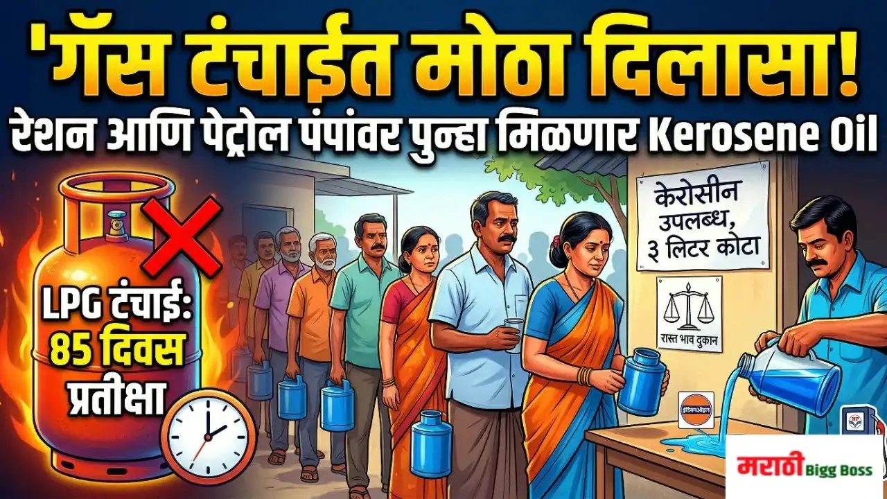 एलपीजी गॅस टंचाईमुळे महाराष्ट्रात रेशन दुकाने आणि पेट्रोल पंपांवर गरजू नागरिकांना Kerosene Oil (रॉकेल) चे वितरण.