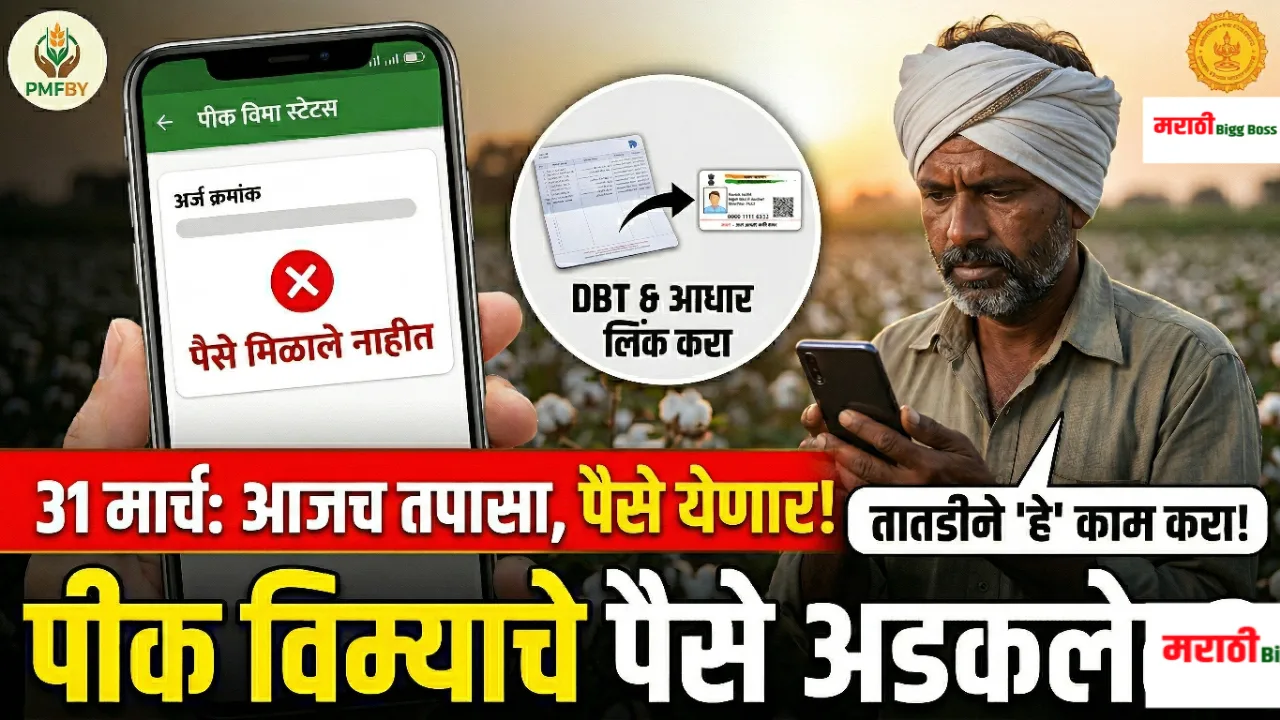 पीक विम्याचे (Pik Vima) पैसे बँक खात्यात जमा न झाल्याने चिंतित असलेला शेतकरी आणि मोबाईलवर पीक विमा स्टेटस तपासण्याची प्रक्रिया.