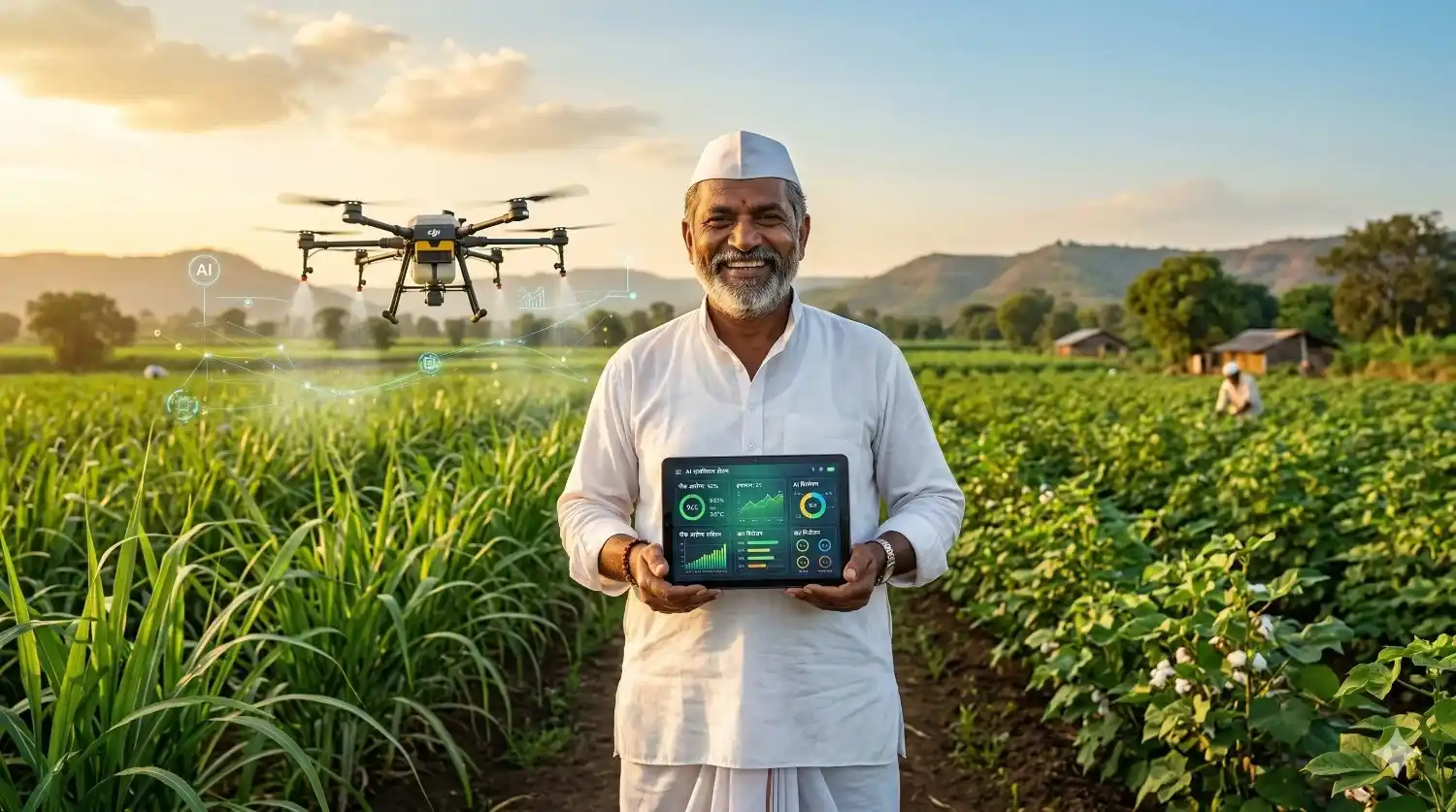 हातात आधुनिक टॅब्लेट घेतलेला आणि शेतीत AI तंत्रज्ञानाचा वापर करणारा महाराष्ट्रातील आनंदी शेतकरी.