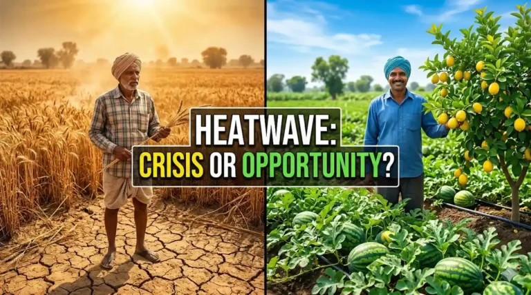 "एक बाजूला उन्हामुळे वाळलेला गहू आणि दुसरीकडे टवटवीत कलिंगड व लिंबाची बाग असलेला भारतीय शेतकरी."