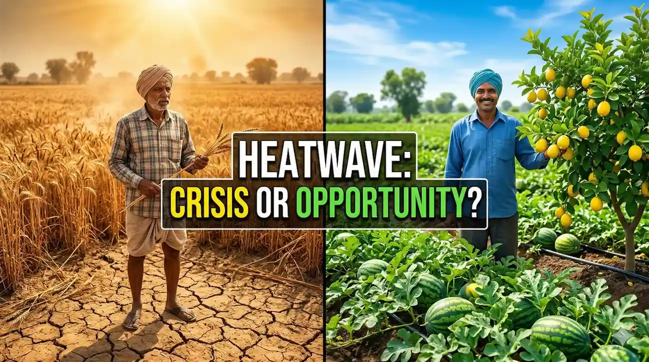 "एक बाजूला उन्हामुळे वाळलेला गहू आणि दुसरीकडे टवटवीत कलिंगड व लिंबाची बाग असलेला भारतीय शेतकरी."