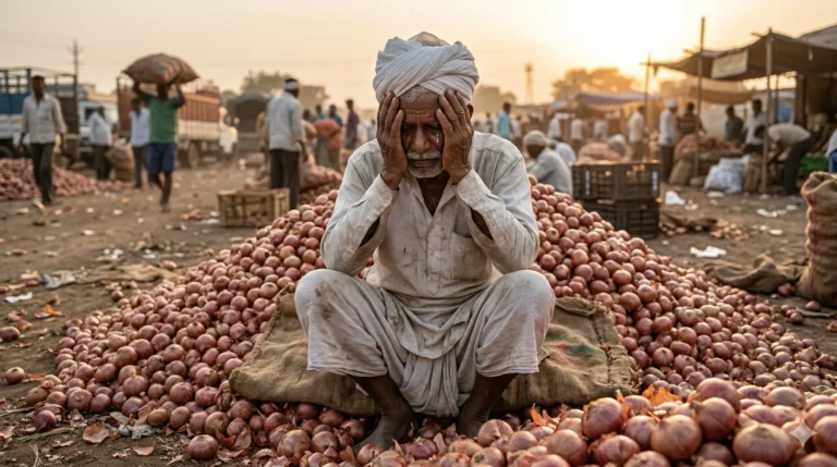 डोक्याला हात लावून कांद्याच्या ढिगाऱ्यावर बसलेला हताश शेतकरी.