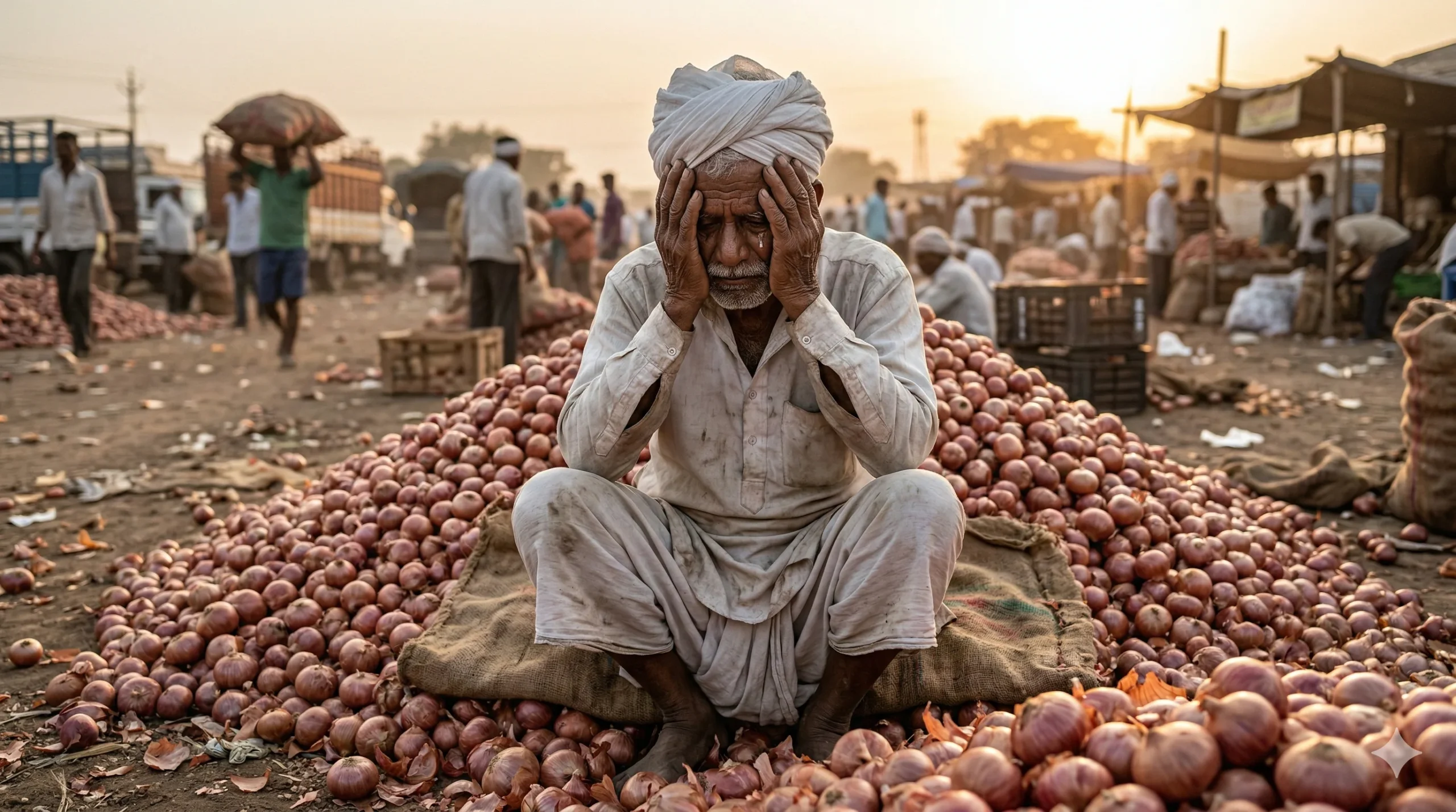 डोक्याला हात लावून कांद्याच्या ढिगाऱ्यावर बसलेला हताश शेतकरी.