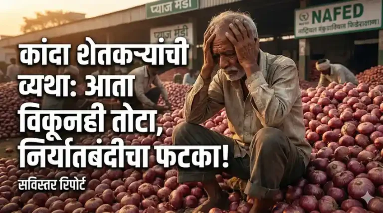 a close-up of a distressed elderly farmer sitting on a pile of red onions in an open-air market, head in hands.