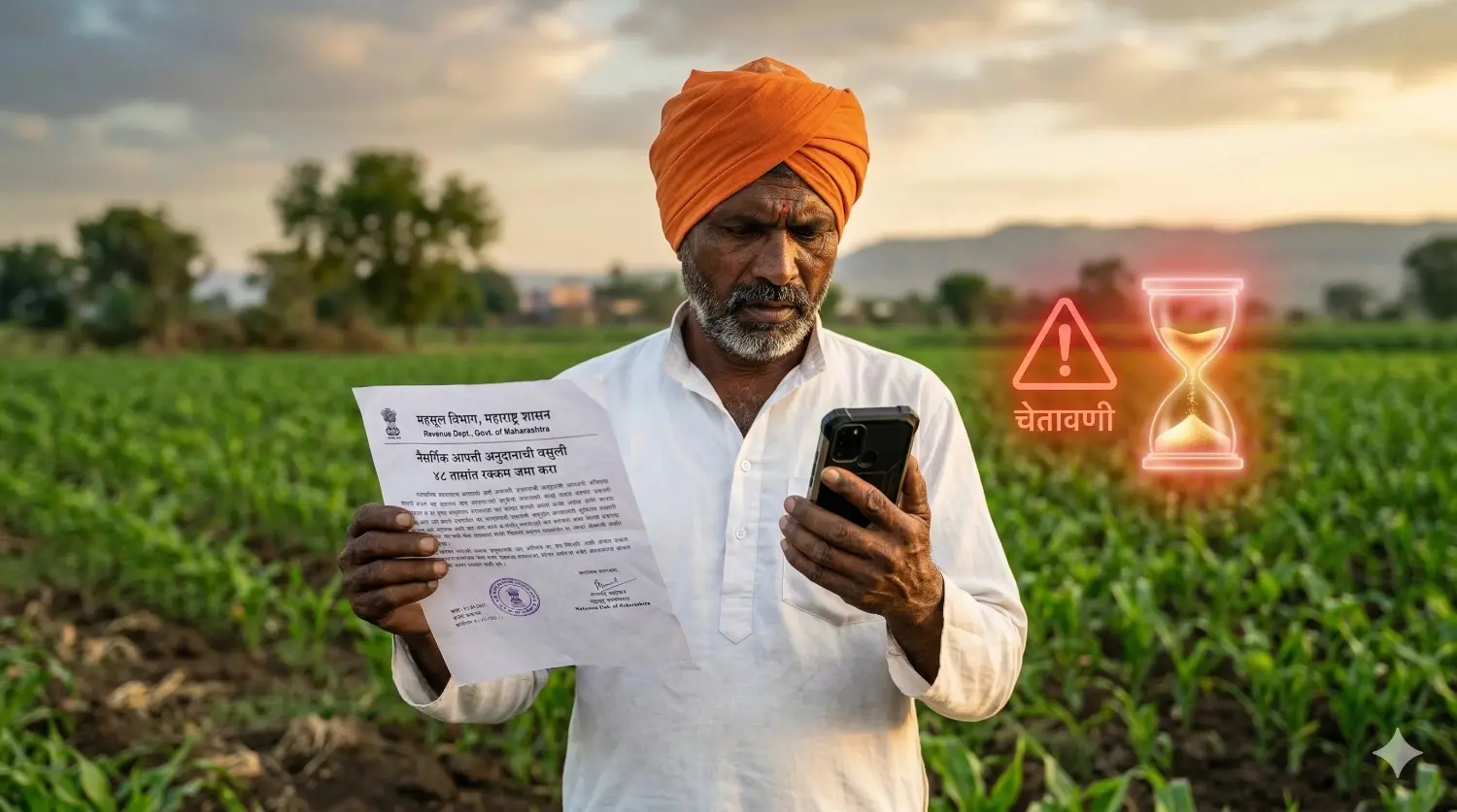 हातात शासनाची वसुली नोटीस आणि मोबाईल पाहून चिंताग्रस्त झालेला महाराष्ट्रीयन शेतकरी.