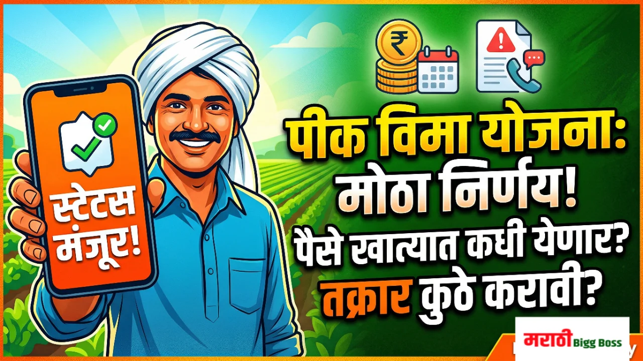शेतात उभा असलेला शेतकरी आणि पीक विमा योजनेचे (Pik Vima Yojana Today) मोबाईलवर स्टेटस तपासतानाचे प्रातिनिधिक चित्र