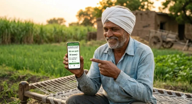 आनंदी शेतकरी मोबाईलवर पीएम किसान योजनेचे २००० रुपये जमा झाल्याचा मेसेज पाहत आहे.