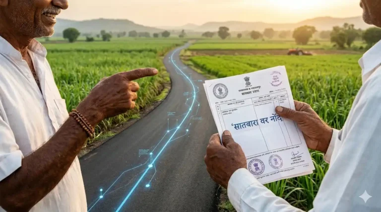 Close-up of two Indian farmers in a sugarcane field at sunset, one holding a 7/12 Satbara land document, the other pointing down a new road with a digital connectivity line.