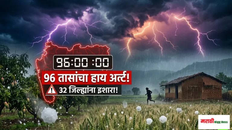 महाराष्ट्राचा नकाशा आणि वादळी ढगांसह अवकाळी पावसाचा हाय अलर्ट (Maharashtra weather update unseasonal rain and hail alert)