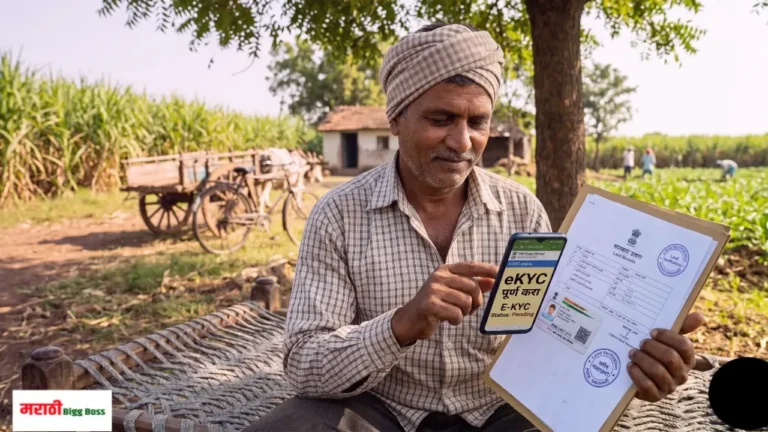 पीएम किसान योजनेचा (PM Kisan Yojana) हप्ता मिळवण्यासाठी मोबाईलवर ई-केवायसी (eKYC) आणि कागदपत्रांची पडताळणी करणारा शेतकरी.