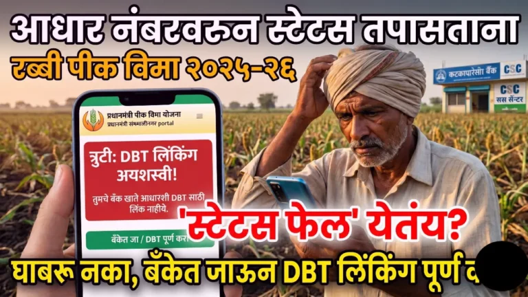 मोबाईलवर आधार नंबरवरून रब्बी पीक विमा स्टेटस तपासताना चिंतेत असलेला शेतकरी आणि PMFBY पोर्टल.