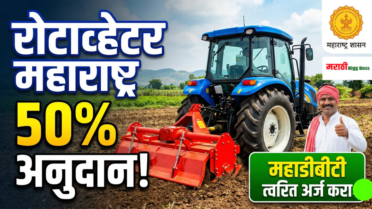 शेतात मशागत करणारा ट्रॅक्टर आणि रोटाव्हेटर, सोबत महाराष्ट्र शासनाच्या कृषी यांत्रिकीकरण योजनेच्या अनुदानाची माहिती देणारा ग्राफिक बॅनर.