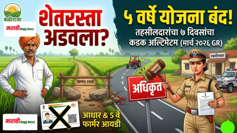 महाराष्ट्र शासनाचा मुख्यमंत्री बळीराजा शेत/पाणंद रस्ते योजनेचा २०२६ चा अधिकृत शासन निर्णय (GR) आणि शेतकरी.