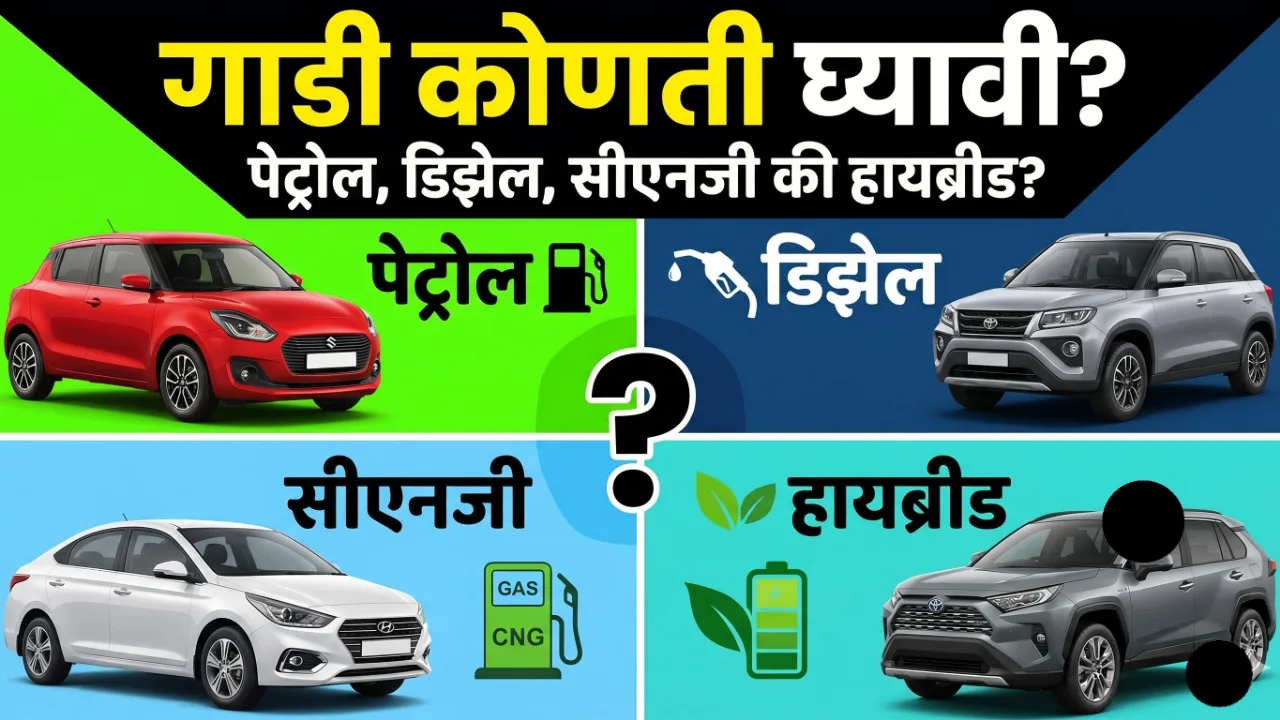 पेट्रोल, डिझेल, सीएनजी आणि ईव्ही (हायब्रीड) चे इंधन पंप आणि कार चित्र तयार केले आहेत.