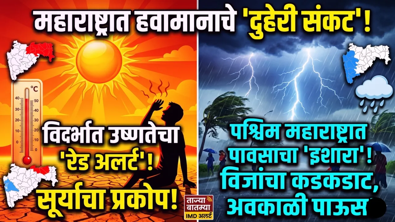 महाराष्ट्राच्या नकाशावर विदर्भातील उष्णतेचा रेड अलर्ट आणि पश्चिम महाराष्ट्रातील वादळी पावसाचा अंदाज