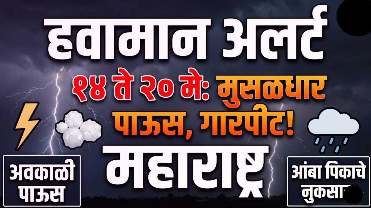 महाराष्ट्रात अवकाळी पाऊस, गारपीट आणि विजांच्या कडकडाटाचा इशारा दर्शवणारे चित्र.