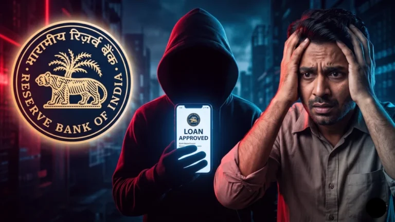 कर्जमाफीची खोटी ऑफर आणि सायबर फसवणुकीबाबत RBI चा अलर्ट दर्शवणारा थंबनेल. यात रिझर्व्ह बँक ऑफ इंडियाचा लोगो, मोबाईलवर 'लोन अप्रूव्हड' दाखवणारा हॅकर आणि चिंतेत असलेला कर्जबाजारी माणूस दिसत आहे.