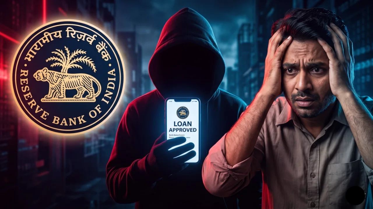 कर्जमाफीची खोटी ऑफर आणि सायबर फसवणुकीबाबत RBI चा अलर्ट दर्शवणारा थंबनेल. यात रिझर्व्ह बँक ऑफ इंडियाचा लोगो, मोबाईलवर 'लोन अप्रूव्हड' दाखवणारा हॅकर आणि चिंतेत असलेला कर्जबाजारी माणूस दिसत आहे.