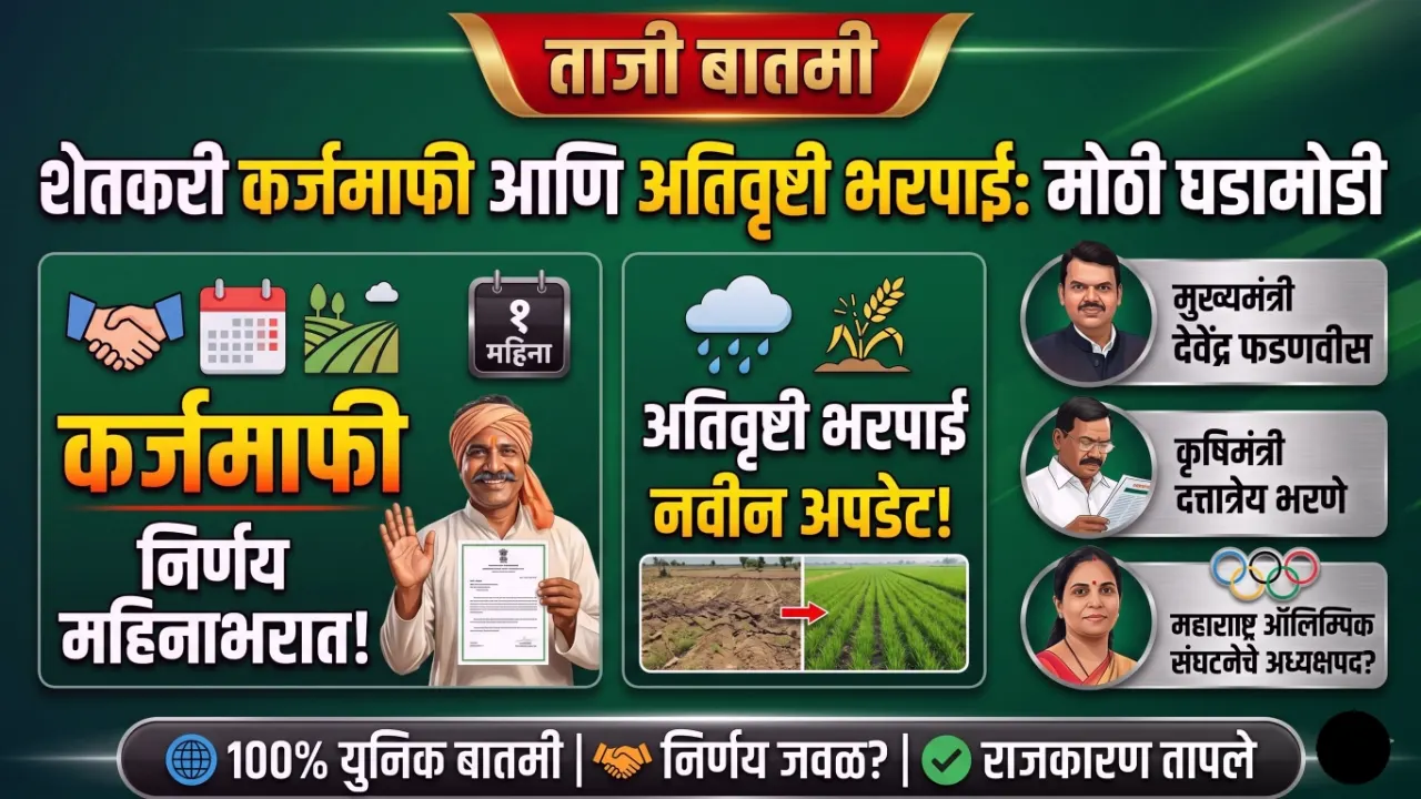 शेतकरी कर्जमाफी आणि अतिवृष्टी नुकसानभरपाईबाबत माहिती देताना राज्याचे कृषिमंत्री आणि मुख्यमंत्री.